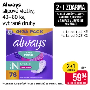 Akce 2+1 zdarma na celé značky Always, Naturella, Discreet a Tampax v libovolné kombinaci