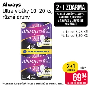 Akce 2+1 zdarma na celé značky Always, Naturella, Discreet a Tampax v libovolné kombinaci