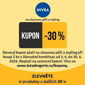 Zlevněte si produkty vlasové péče a stylingu značky NIVEA o dalších 30 %. Slevový kód: 9985920010289 nebo kupon pro nákup na prodejně na tetadrogerie.cz/kupony