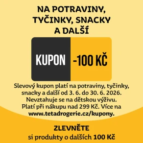 Zlevněte si tyčinky, snacky a další potraviny o dalších 100 Kč. Slevový kód: 9985920010319 nebo kupon pro nákup na prodejně na tetadrogerie.cz/kupony