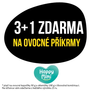 Akce 3+1 zdarma na ovocné příkrmy značky Happy Mimi v libovolné kombinaci