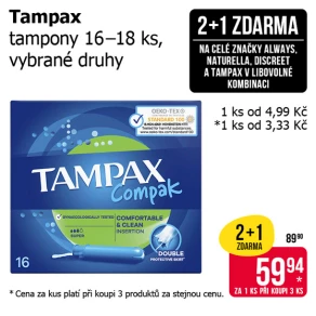 Akce 2+1 zdarma na celé značky Always, Naturella, Discreet  a Tampax v libovolné kombinaci