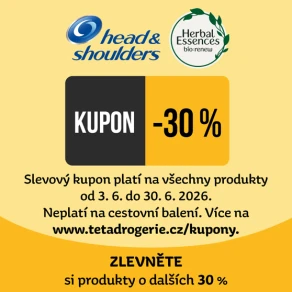 Zlevněte si HEAD & SHOULDERS a HERBAL ESSENCE o dalších 30 %. Slevový kód: 9985920010227 nebo kupon pro nákup na prodejně na tetadrogerie.cz/kupony