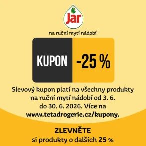 Zlevněte si produkty na ruční mytí nádobí JAR o dalších 25 %. Slevový kód: 9985920010203 nebo kupon pro nákup na prodejně na tetadrogerie.cz/kupony