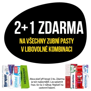Akce 2+1 zdarma na všechny zubní pasty při koupi 3 ks v libovolné kombinaci