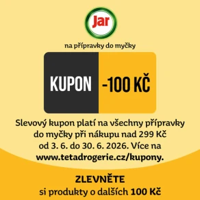 Zlevněte si přípravky do myčky JAR o dalších 100 Kč. Slevový kód: 9985920010197 nebo kupon pro nákup na prodejně na tetadrogerie.cz/kupony