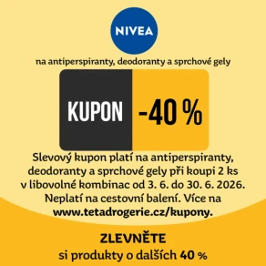 Zlevněte si antiperspiranty, deodoranty a sprchové gely značky NIVEA o dalších 40 %. Slevový kód: 9985920010296 nebo kupon pro nákup na prodejně na tetadrogerie.cz/kupony