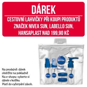 Dárek - cestovní lahvičky při koupi produktů značek Nivea Sun, Labello Sun, Hansaplast nad 199,90 Kč