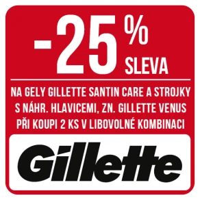 Sleva 25 % na gely Gillette Santin care a strojky s náhr. hlavicemi, zn. Gillette Venus při koupi 2 ks v libovolné kombinaci