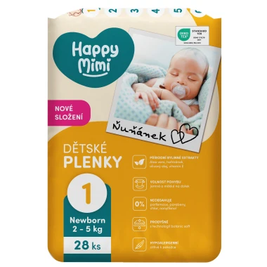 Happy Mimi Dětské plenky 1 Newborn (2-5 kg), 28 ks