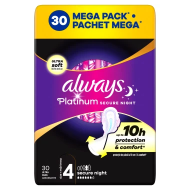 Always Platinum Secure Night Hygienické vložky s křidélky, velikost 4, 30 ks