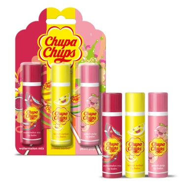Chupa Chups Sada Balzámy na rty Trio - Meloun, Broskev & Citronový Sorbet