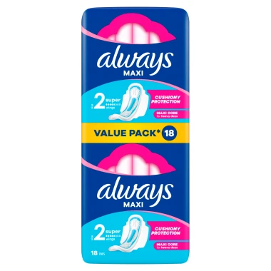 Always Maxi Super Hygienické vložky s křidélky, velikost 2, 18 ks