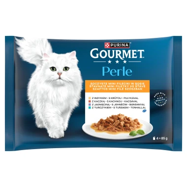 Gourmet Perle kapsičky pro kočky krůta, tuňák, kachna, jehněčí ve šťávě 4 x 85g