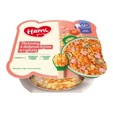 HAMI masozeleninový talířek Těstoviny s dušenou kýtou a rajčaty 230g