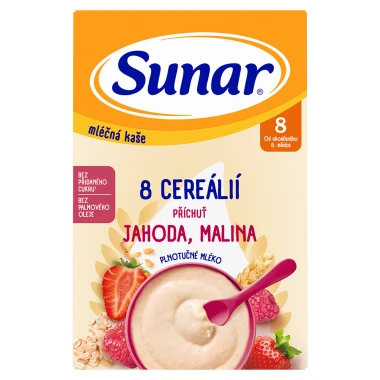 Sunar mléčná kaše s 8 cereáliemi jahoda, malina 210g