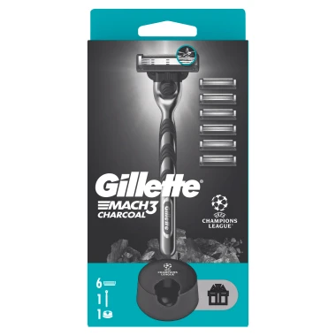 Gillette Mach3 Charcoal UEFA Champions League Special Edition Pánský holicí strojek + 6 náhradních holicích hlavic + stojan