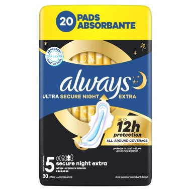 Always Ultra Secure Night Extra Hygienické vložky s křidélky, velikost 5, 20 ks