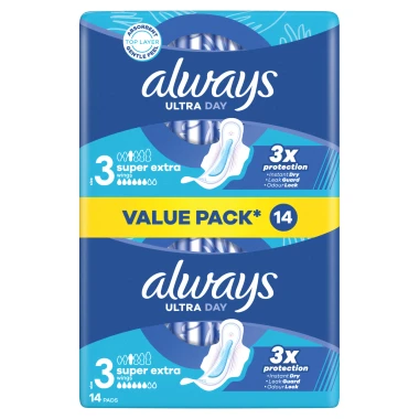 Always Ultra Super Extra Hygienické vložky s křidélky, velikost 3, 14 ks