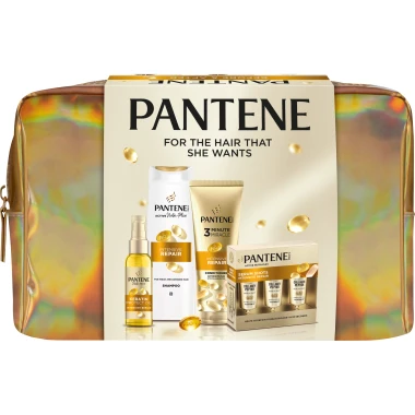 Pantene Sada čtyř produktů: olej, šampon, sérum v ampulkách a maska