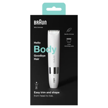Braun Body Mini Trimmer BS1000, Elektrický Odstraňovač Chloupků Na Těle Pro Ženy a Muže, Bílý