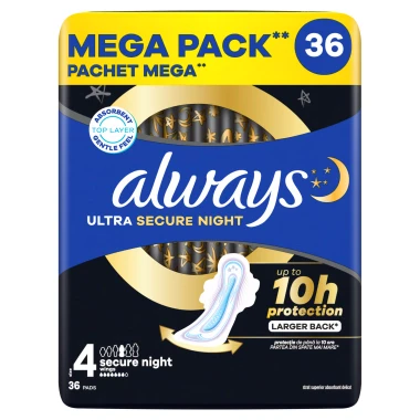 Always Ultra Secure Night Hygienické vložky s křidélky, velikost 4, 36 ks