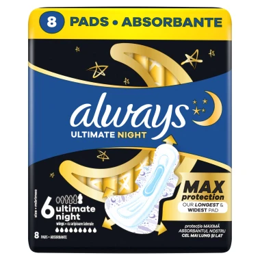 Always Ultimate Night Hygienické vložky s křidélky, velikost 6, 8 ks