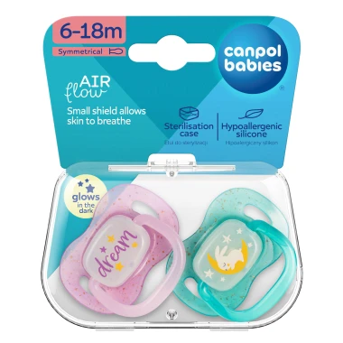 Canpol Babies Dudlík svítící silikonový symetrický NIGHTGLOW holka 6-18m 2 ks