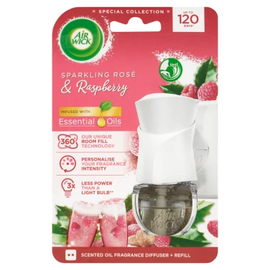 Air Wick Essential Oils Elektrický osvěžovač vzduchu strojek a náplň růžový sekt a maliny 19 ml