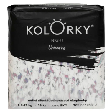 KOLORKY NIGHT noční jednorázové eko plenky jednorožci - L (8-13 kg), 19 ks