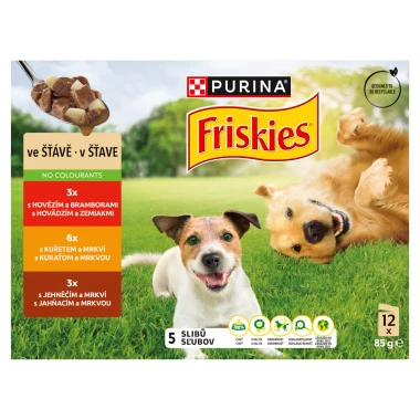 PURINA FRISKIES Adult výběr s hovězím, kuřetem a jehněčím ve šťávě 12 x 85 g