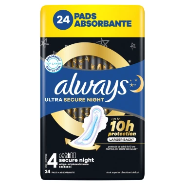 Always Ultra Secure Night Hygienické vložky s křidélky, velikost 4, 24 ks