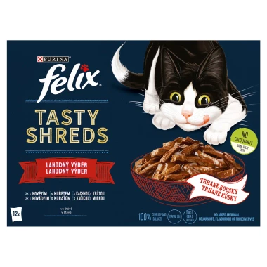Felix Tasty Shreds kapsičky pro kočky hovězí, kuře, kachna, krůta ve šťávě 12 x 80g