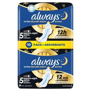 Always Ultra Secure Night Extra Hygienické vložky s křidélky, velikost 5, 10 ks