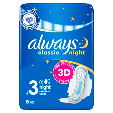 Always Classic Night Hygienické vložky s křidélky, velikost 3, 8 ks