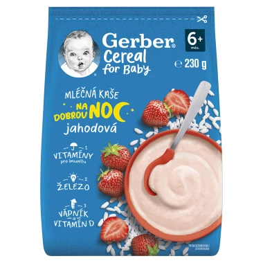 GERBER Cereal mléčná kaše jahodová Dobrou noc 230g