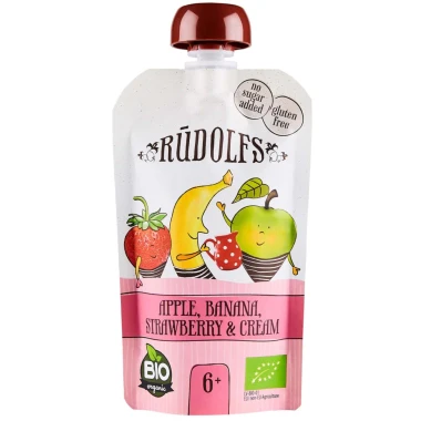Rudolfs BIO kapsička Jablko, banán, jahoda se smetanou 110 g, 6+
