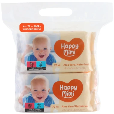 Happy Mimi Dětské vlhčené ubrousky aloe vera + heřmánek 4 x 72 ks