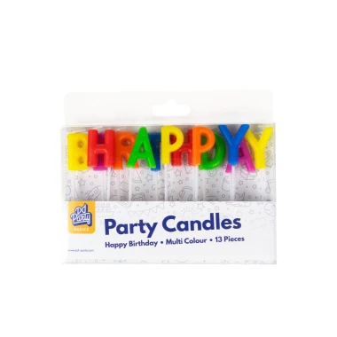 PD Svíčky písmena HAPPY BIRTHDAY barevné 2,5cm 13 ks