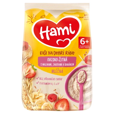 Hami Mléčná kaše ovesno-žitná s banánem, jahodami a malinami 210 g