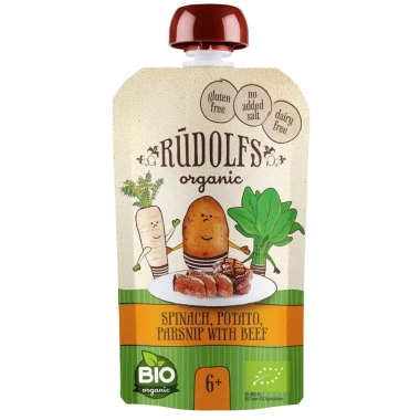 Rudolfs BIO kapsička Špenát, brambory, pastynák s hovězím masem 110 g, 6+
