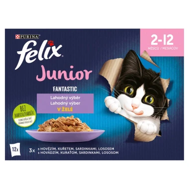 Felix Fantastic Junior kapsičky pro koťata hovězí, kuře, sardinky, losos v želé 12 x 85g