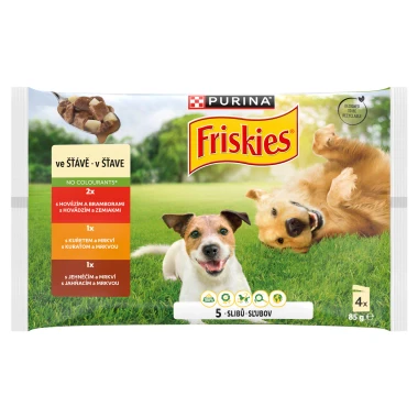PURINA FRISKIES Adult výběr s hovězím, kuřetem a jehněčím ve šťávě 4 x 85 g