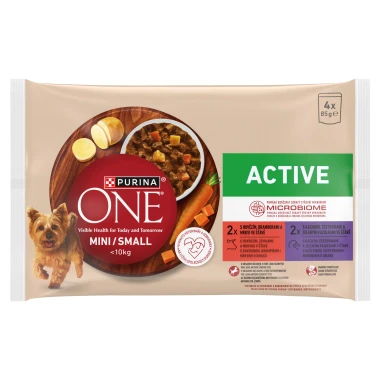 Purina ONE Mini Dog Active kapsičky pro psy hovězí, kachna ve šťávě 4 x 85g