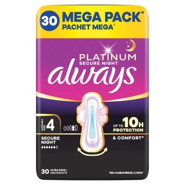 Always Platinum Secure Night hygienické vložky s křidélky, velikost 4, 30 ks